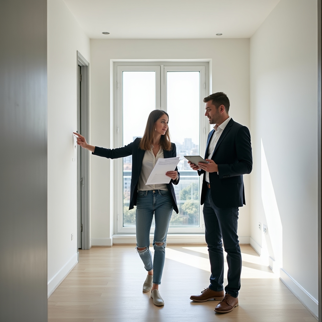 Buyer and developer representative inspecting apartment at handover
