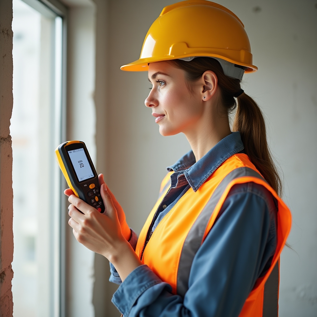 Building inspector examining apartment walls for defects