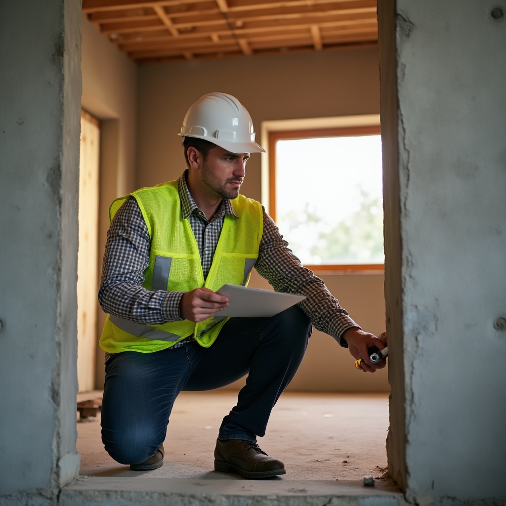 Construction site inspection with safety equipment