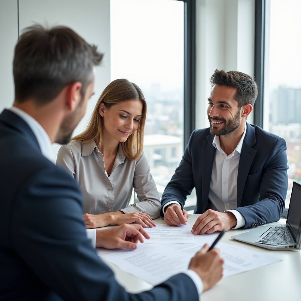 Signing a property purchase contract at a real estate office