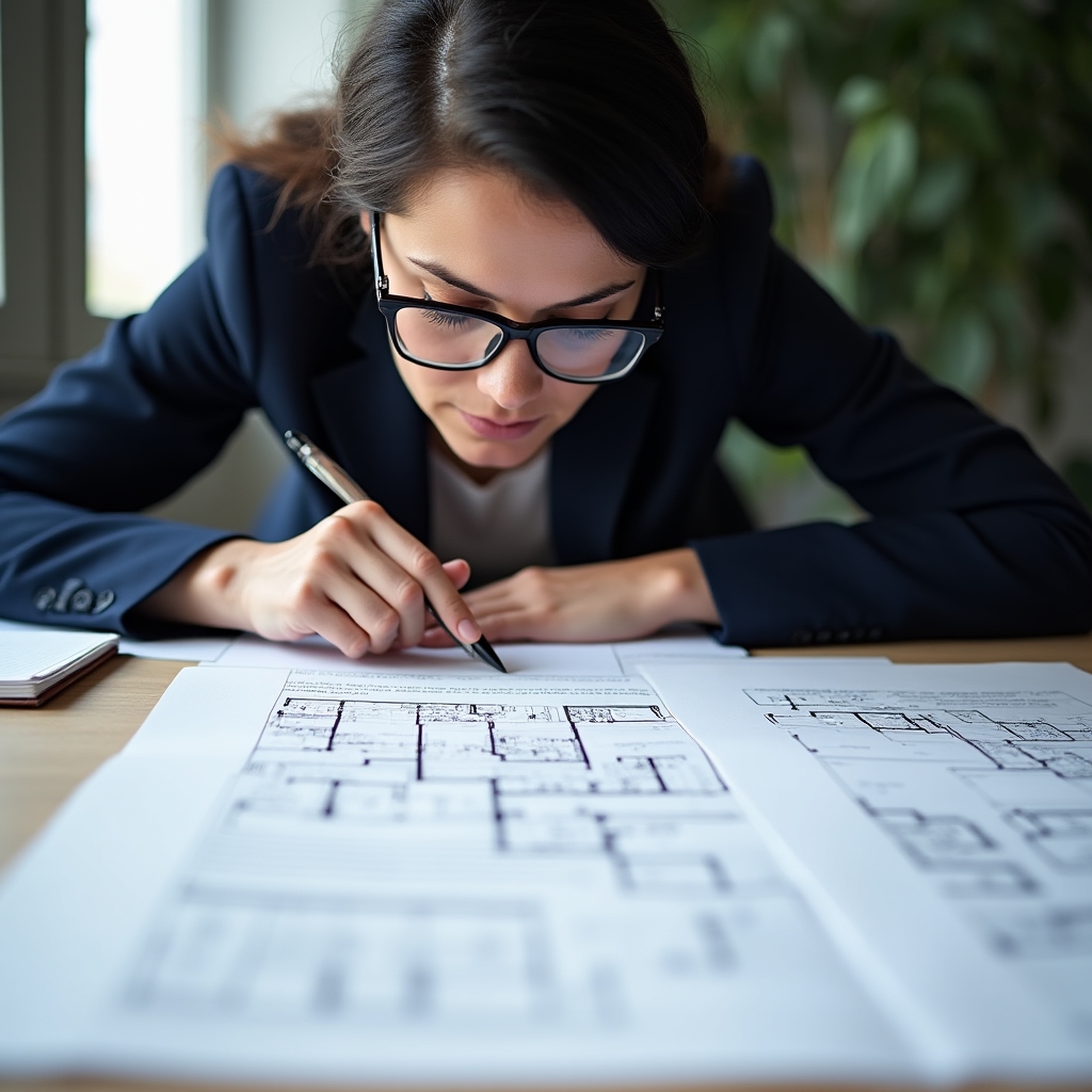 Reviewing property purchase documents at a desk