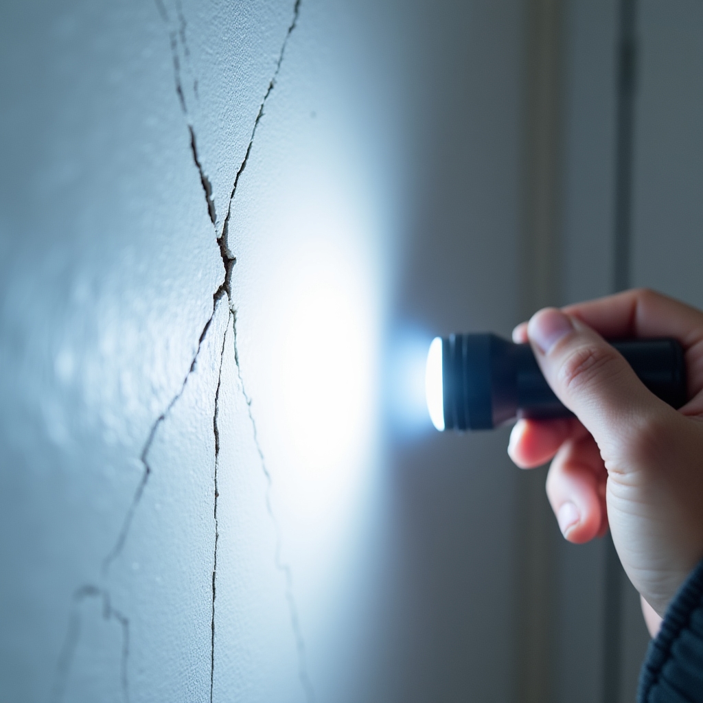 Close-up of wall crack being inspected after construction